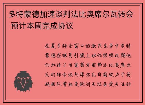 多特蒙德加速谈判法比奥席尔瓦转会 预计本周完成协议